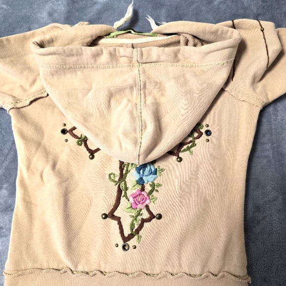Miss Me Embroidered‎ Tan Cropped Hoodie Jacket Womens Size S Thrashed Distressed - Picture 5 of 13